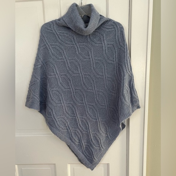 Cadenza Italy Mohair Blend Asymmetric Turtleneck Poncho Dusty Blue Cable Knit - Picture 2 of 12